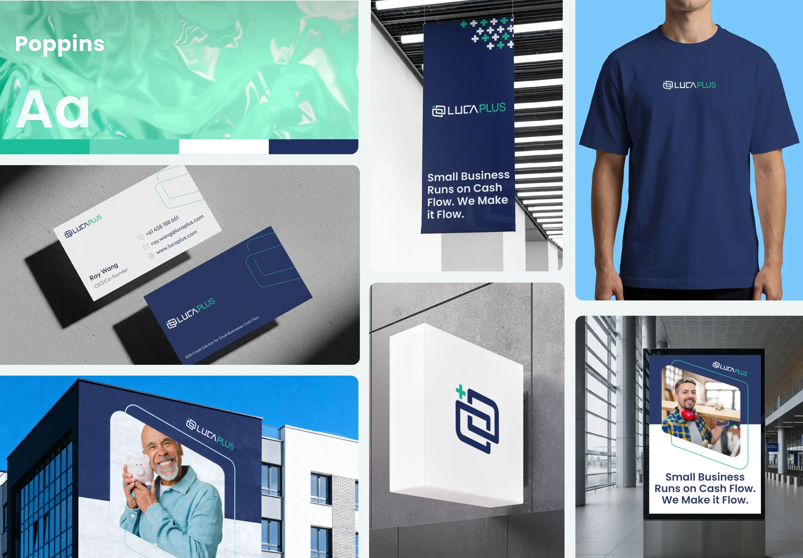 Collage showing Luca Plus branding on a navy T-shirt, signage on a building, stationery including envelopes and cards, and a Poppins font sample.