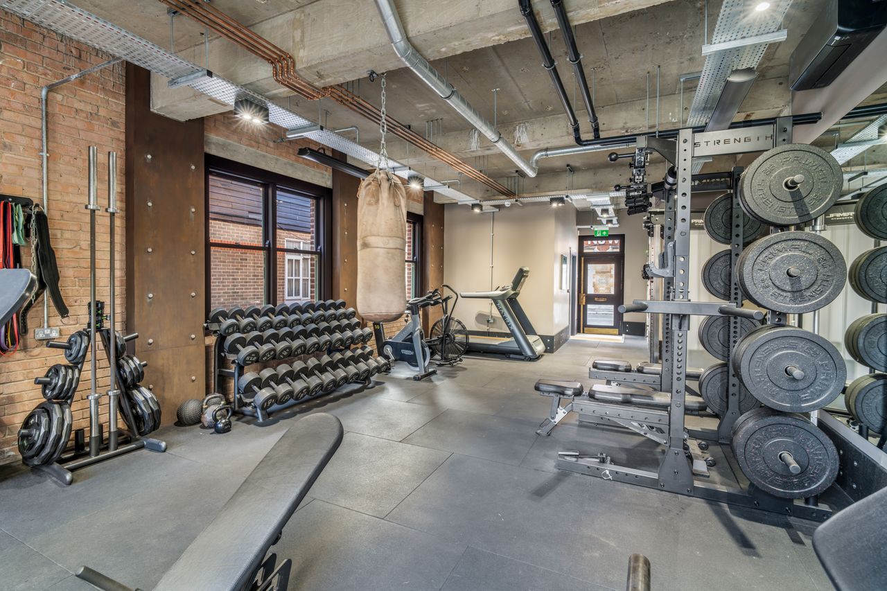 Modern gym with dumbbells, weight plates, punching bag, treadmill, and exercise bike under exposed pipes.