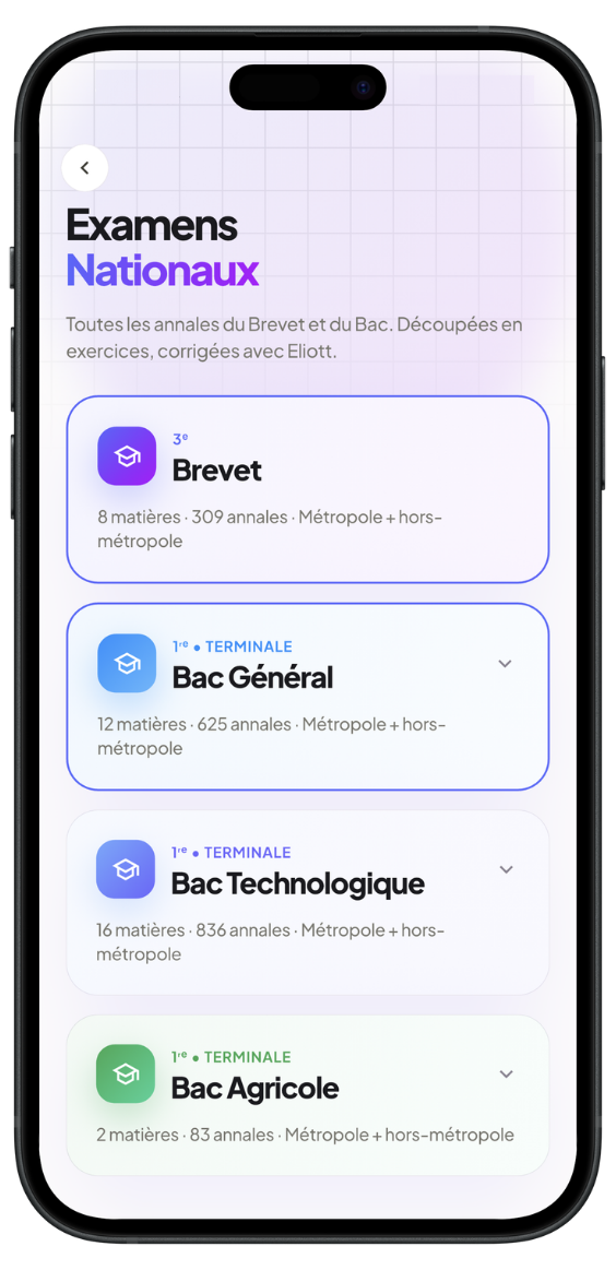 Espace brevet et bac dans l'app Eliott