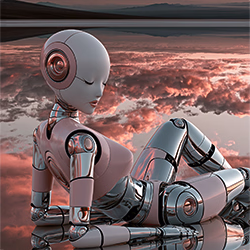 Roboter sitzt entspannt am Meer bei Sonnenuntergang