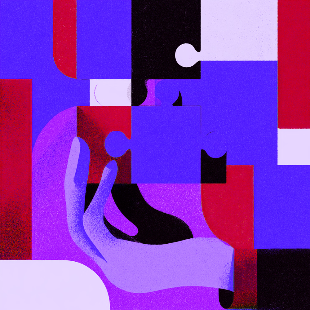 Illustration einer Hand die Puzzle Teile zurechtrückt