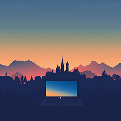 Minimalistische Illustration der Silhouette einer modernen Schweizer Stadtsilhouette mit einem im Vordergrund leuchtenden Laptop-Bildschirm.