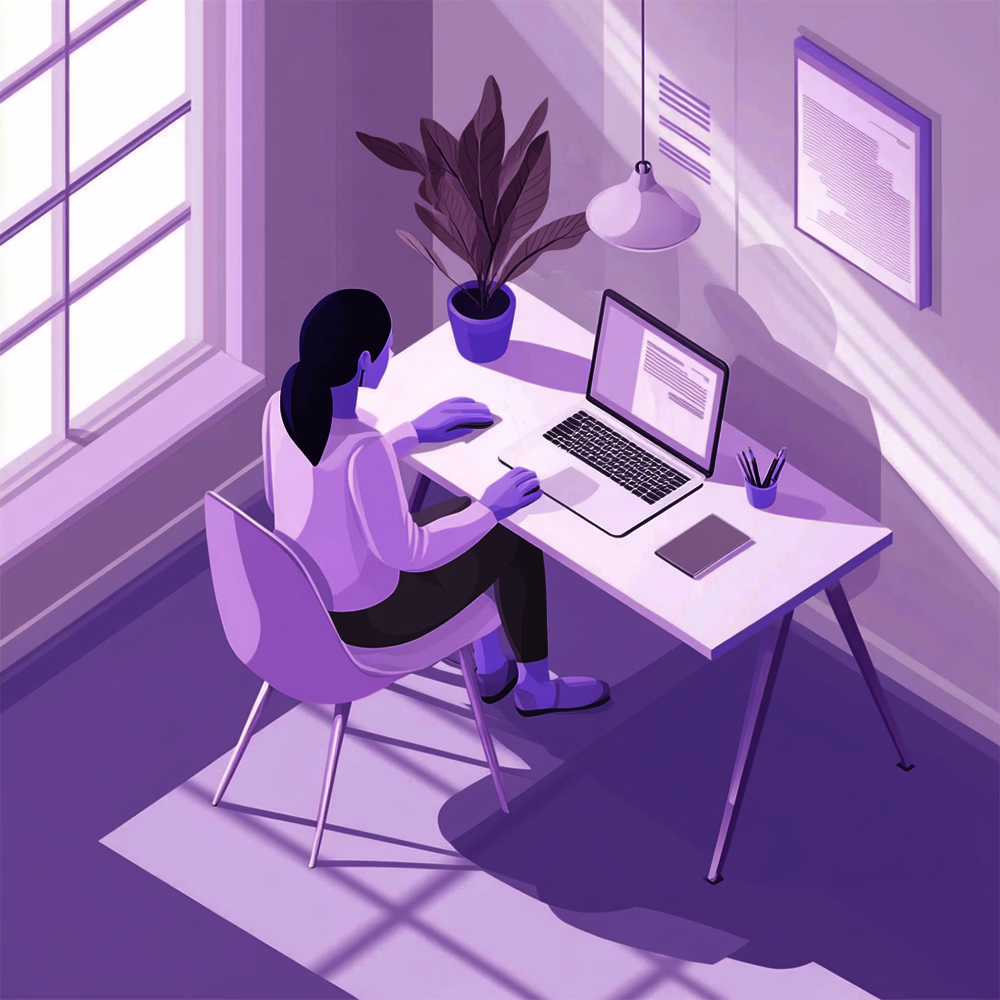 Illustration einer Freelance Webdesignerin bei der Arbeit. Sie sitzt am Arbeitstisch neben einem Fenster