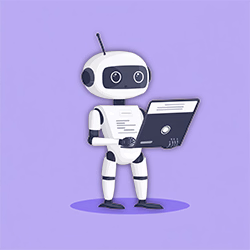 Abstraktes Robotersymbol, das eine Webseite auf dem Bildschirm liest