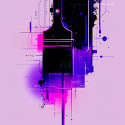 Abstrakte Konzeptillustration, die Kreativität und Technologie vereint; geometrische Formen, die einen Pinsel bilden, verschmelzen zu einem Schaltkreismuster; klare, minimalistische Komposition.