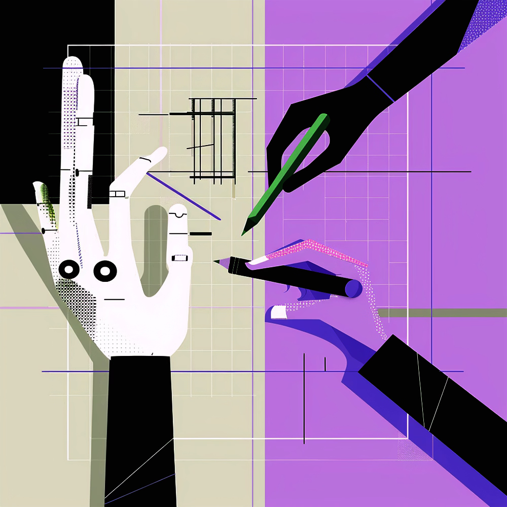 Eine Designerhand und eine Roboterhand halten beide einen Stift über ein Grafikdesign-Layout, geteilte Komposition