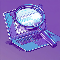 Vor einem Laptop hat es eine Lupe, damit man genauer schauen kann, was man machen muss, damit die Webseite in Suchmaschinen sichtbar wird