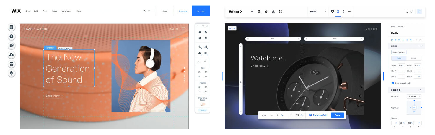 Website development layouts created on the WiX platform side by side