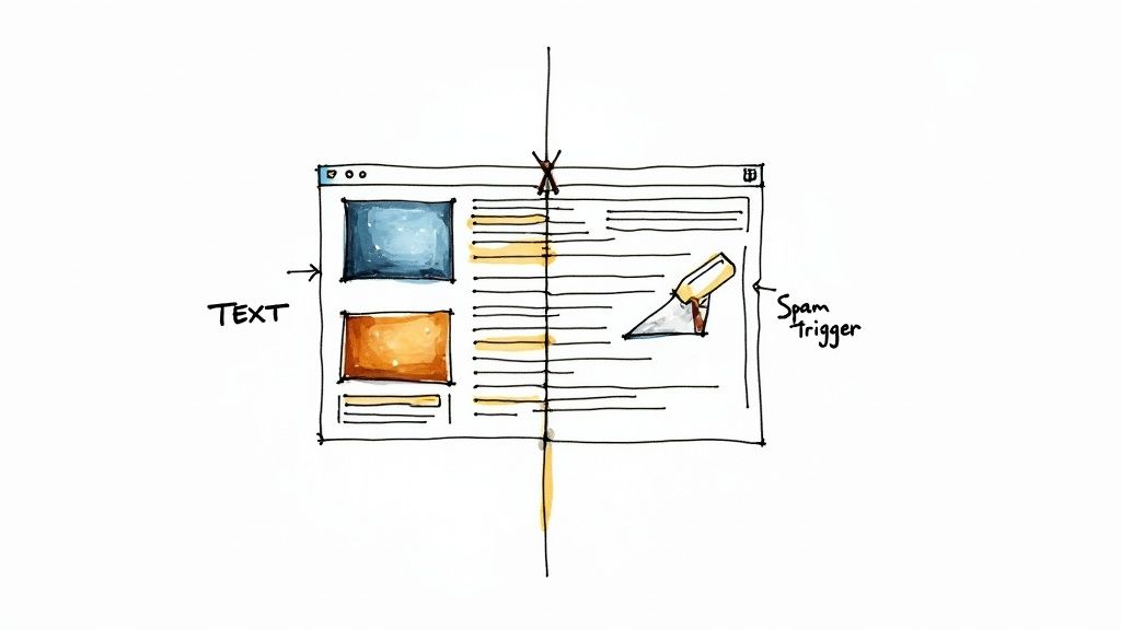 An illustration showing a checklist for email content optimization, with items like 'relevant subject line,' 'balanced text/image ratio,' and 'no spam words' being ticked off.