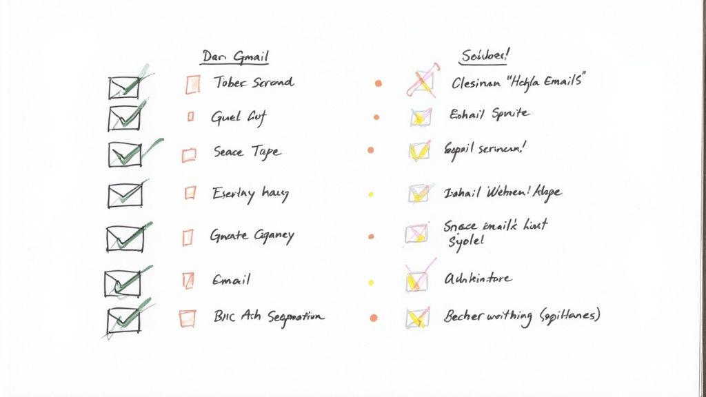 A diagram showing the process of email list segmentation, starting with a large list being divided into smaller, targeted groups based on criteria like behavior, demographics, and engagement.