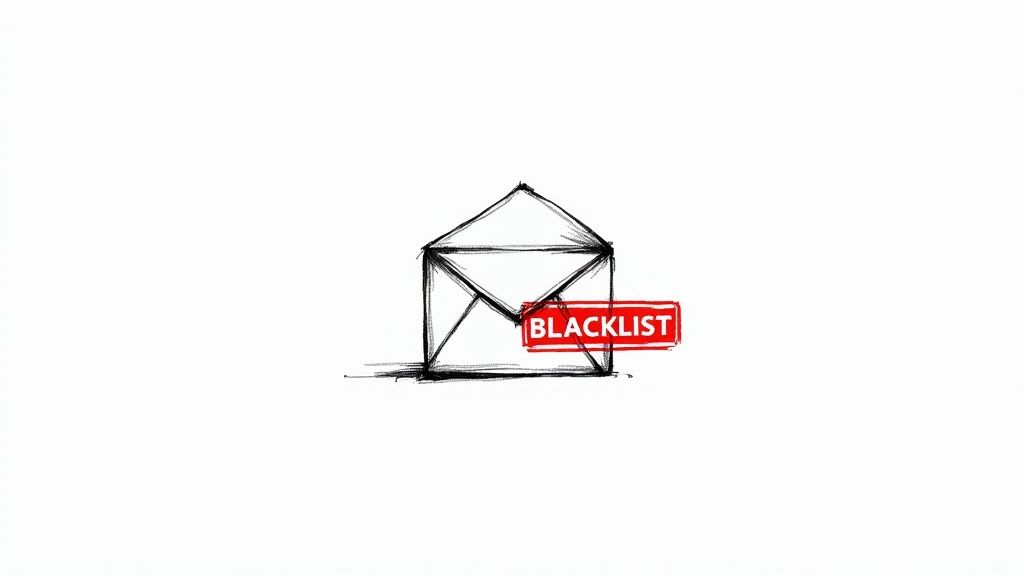 An illustrated envelope with a red warning sign, symbolizing an email being blacklisted