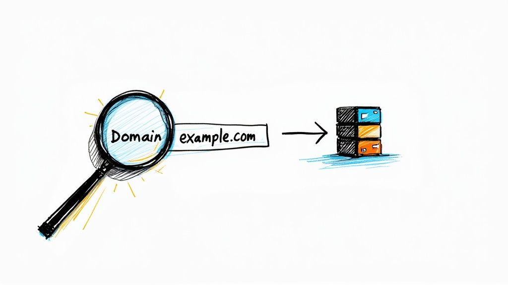 A stylized diagram showing the technical process of email verification, with servers and data points connected.
