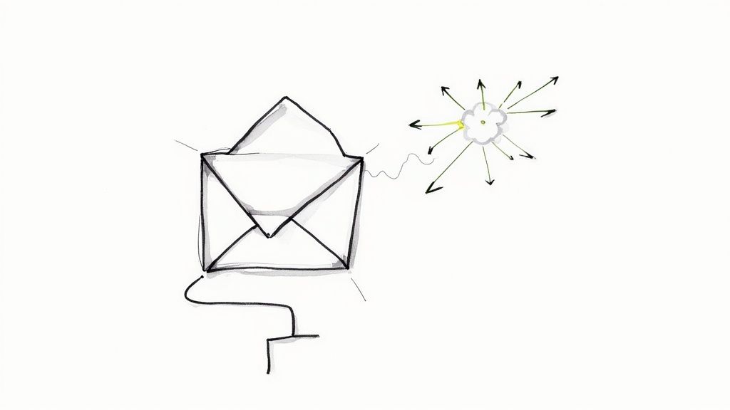 A person working on a laptop with email icons floating around, symbolizing email marketing management.
