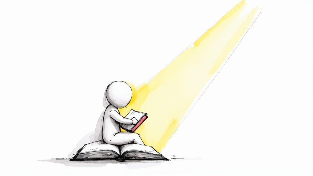 A person reading a book, representing a consumer's growing interest in a brand.