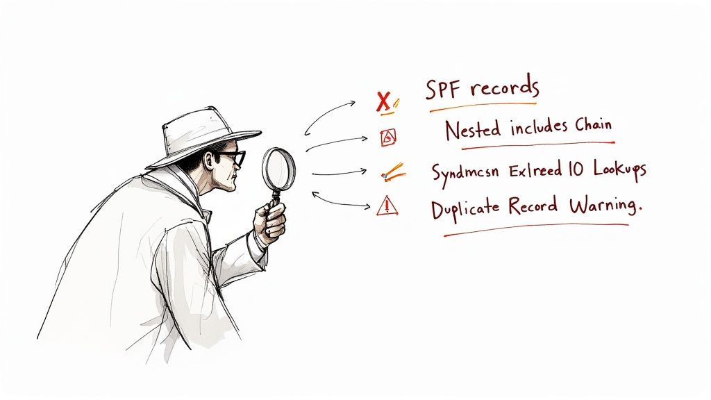 A magnifying glass hovering over a line of code, symbolizing the process of auditing and correcting SPF record mistakes.