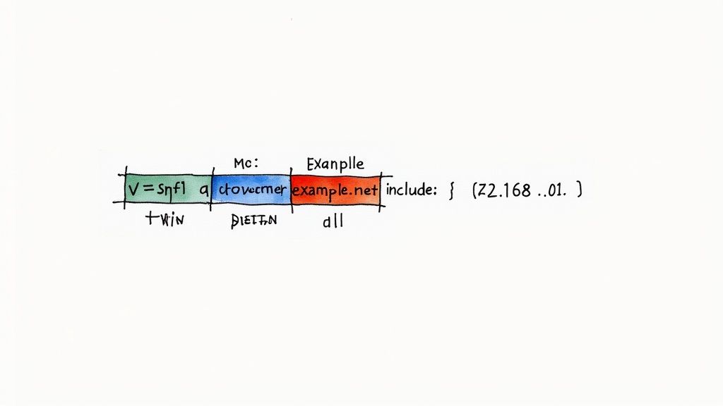A person pointing at a computer screen showing lines of code, illustrating the process of decoding an SPF record