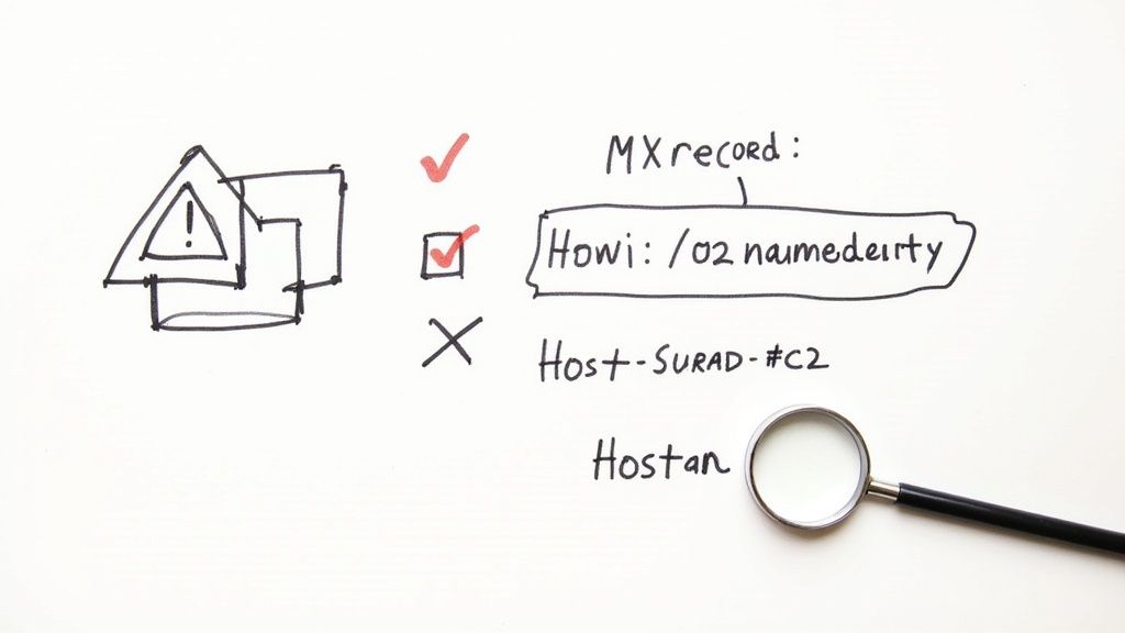 A magnifying glass hovering over DNS settings to signify troubleshooting