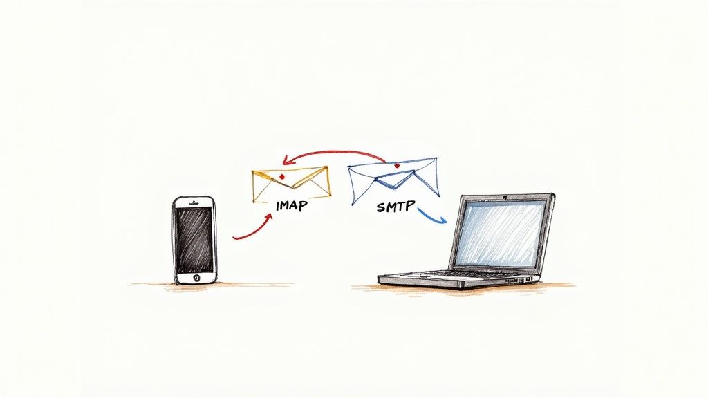 A diagram showing how IMAP syncs emails across multiple devices while SMTP sends them from a device to a server.