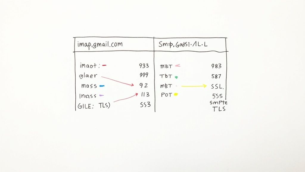 An abstract image of email icons and server connections, representing Gmail SMTP and IMAP settings.