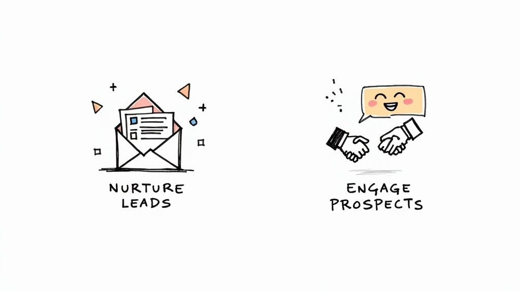 A person watering a small in a pot, representing nurturing a lead, and another person having a focused conversation, representing engaging a prospect.