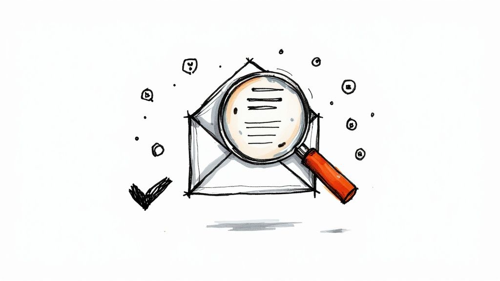 A magnifying glass inspecting the code and content of an email