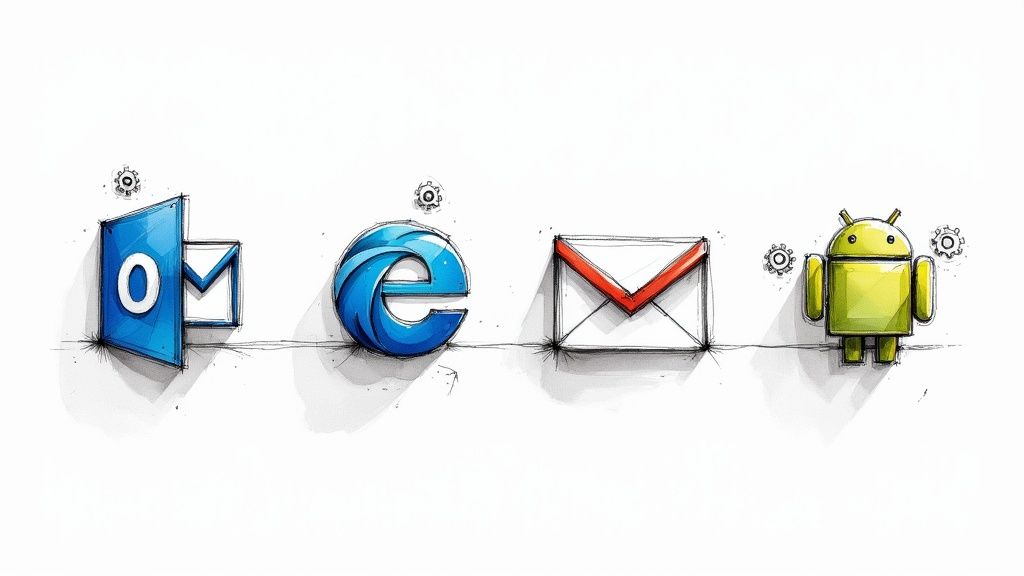 Graphic showing various email client logos like Outlook, Thunderbird, and mobile mail apps