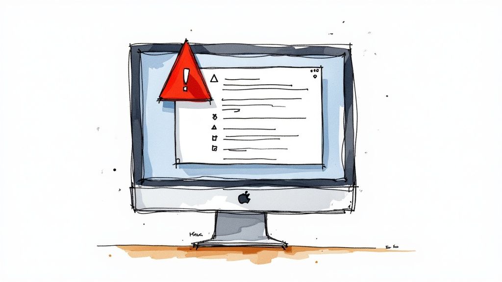 Person looking at a computer screen with an error message, looking puzzled