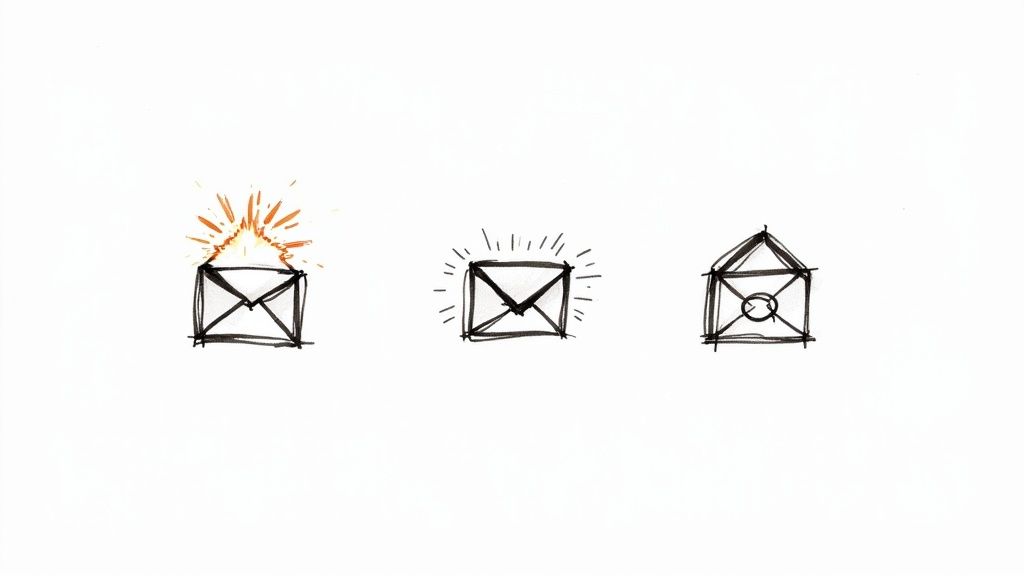 Diagram showing different email types flowing into a conversion funnel