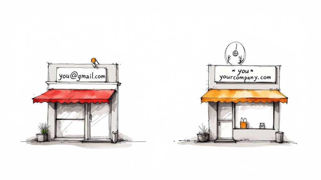Comparison illustration showing personal email versus professional branded business email storefronts