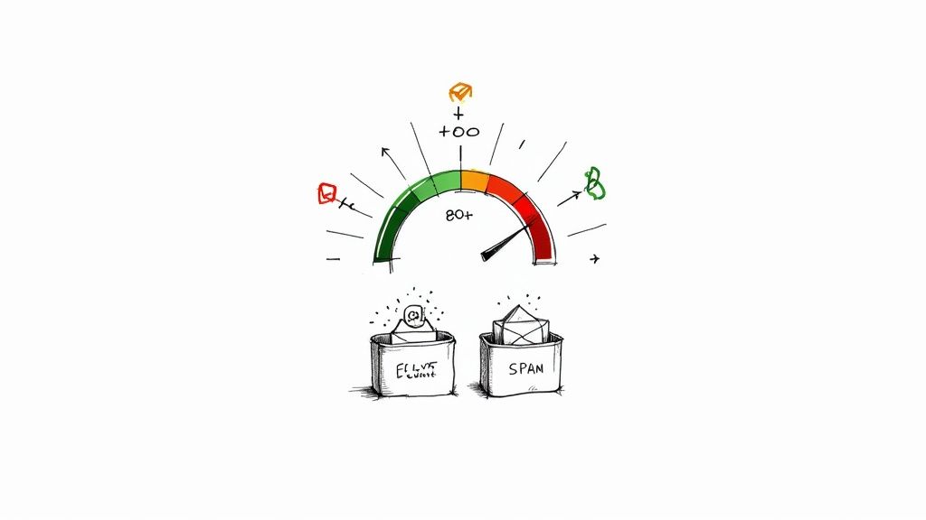 Email sender reputation gauge showing a low score, with good emails delivered and others marked as spam.