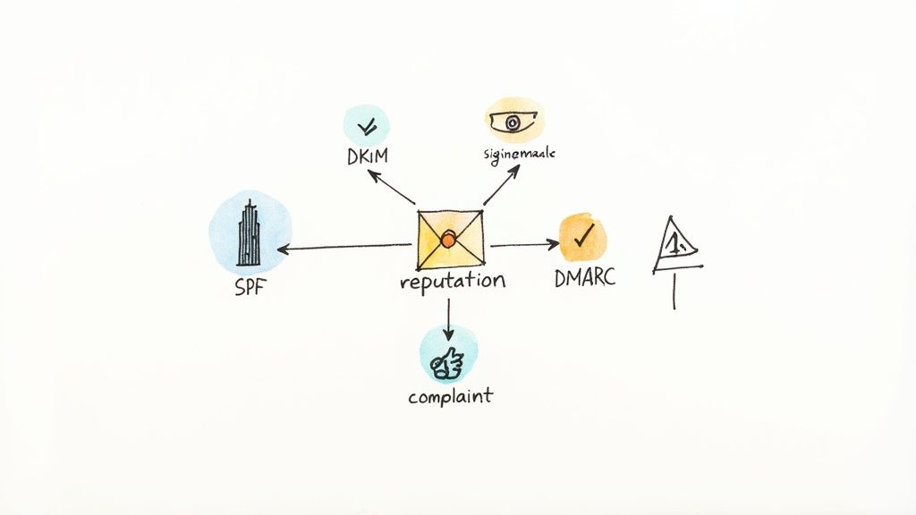 Diagram illustrating email sender reputation, with factors like SPF, DKIM, DMARC, and complaints.