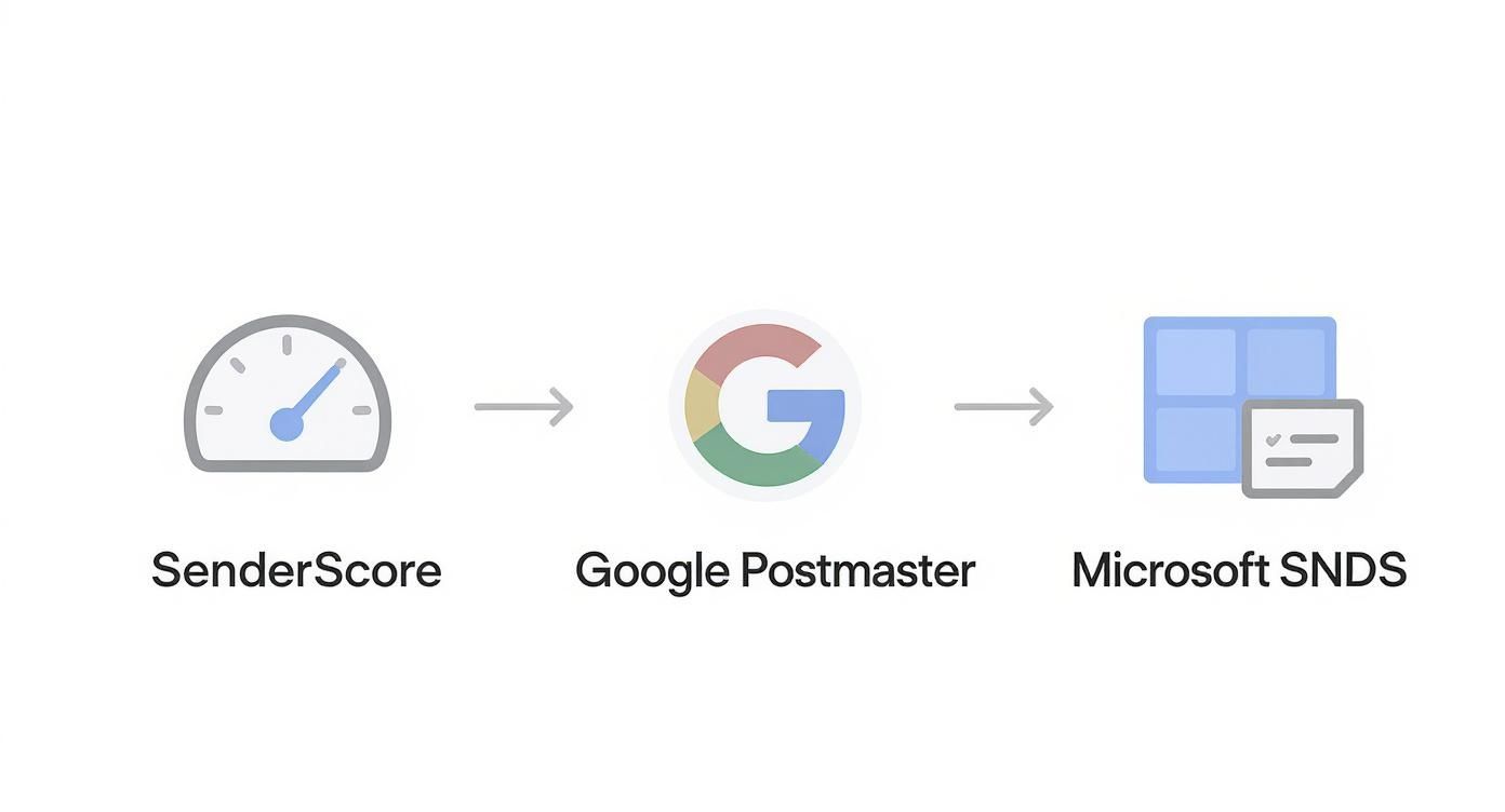 A diagram illustrates the flow from SenderScore, to Google Postmaster, then to Microsoft SNDS.