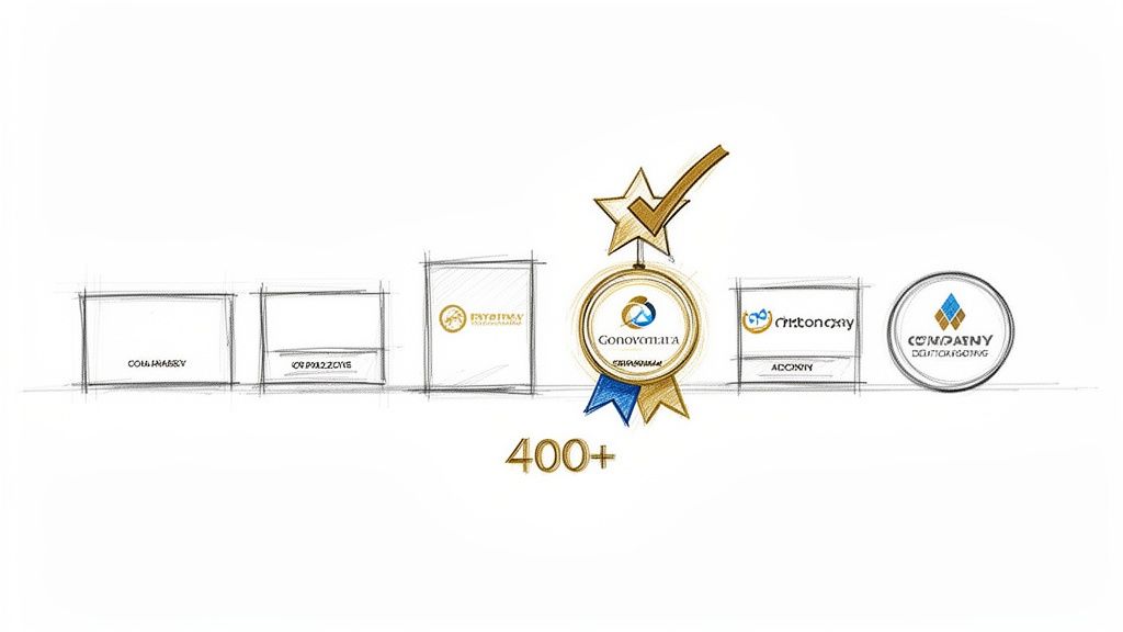 Illustration of company logos, with 'Gonovanara' highlighted by a gold medal, indicating '400+' achievements.