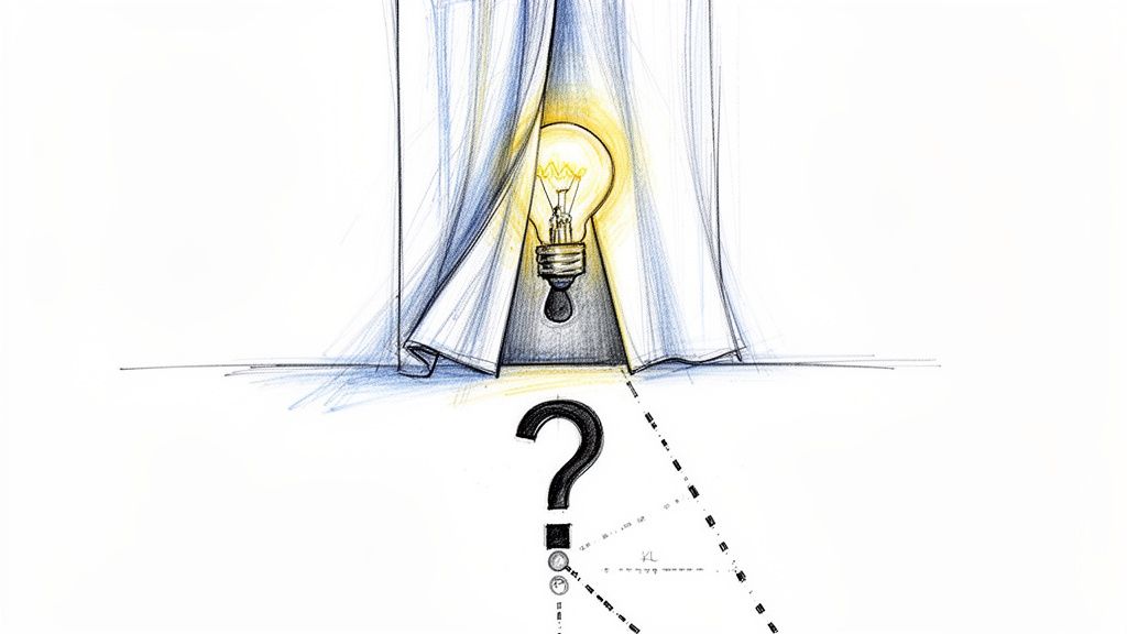 A hand-drawn sketch showing a glowing lightbulb behind open curtains, illuminating a question mark.