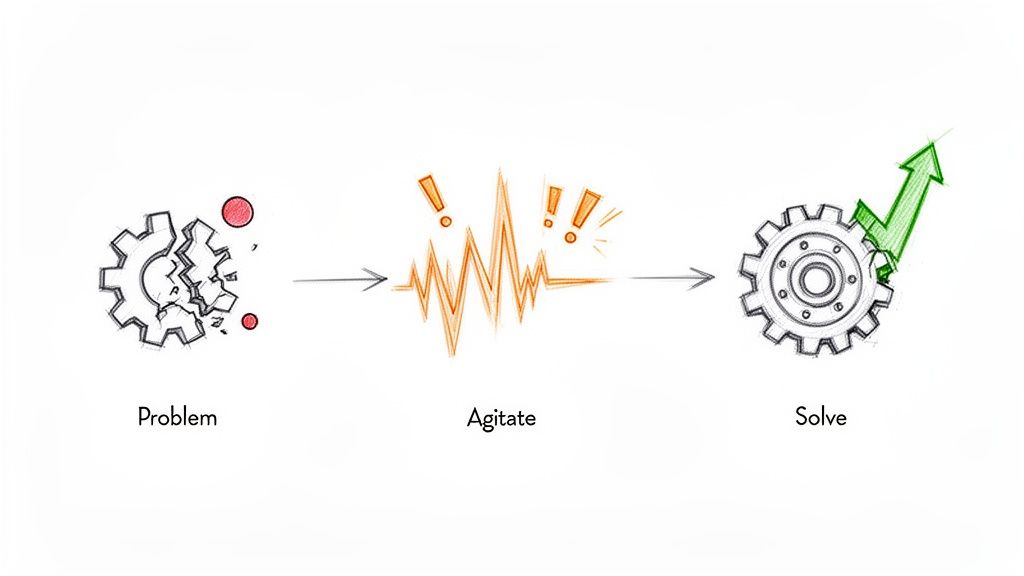 Diagram showing a problem-solving process: broken gear (problem), agitation with exclamation marks, and a solved gear with an upward trend (solve).