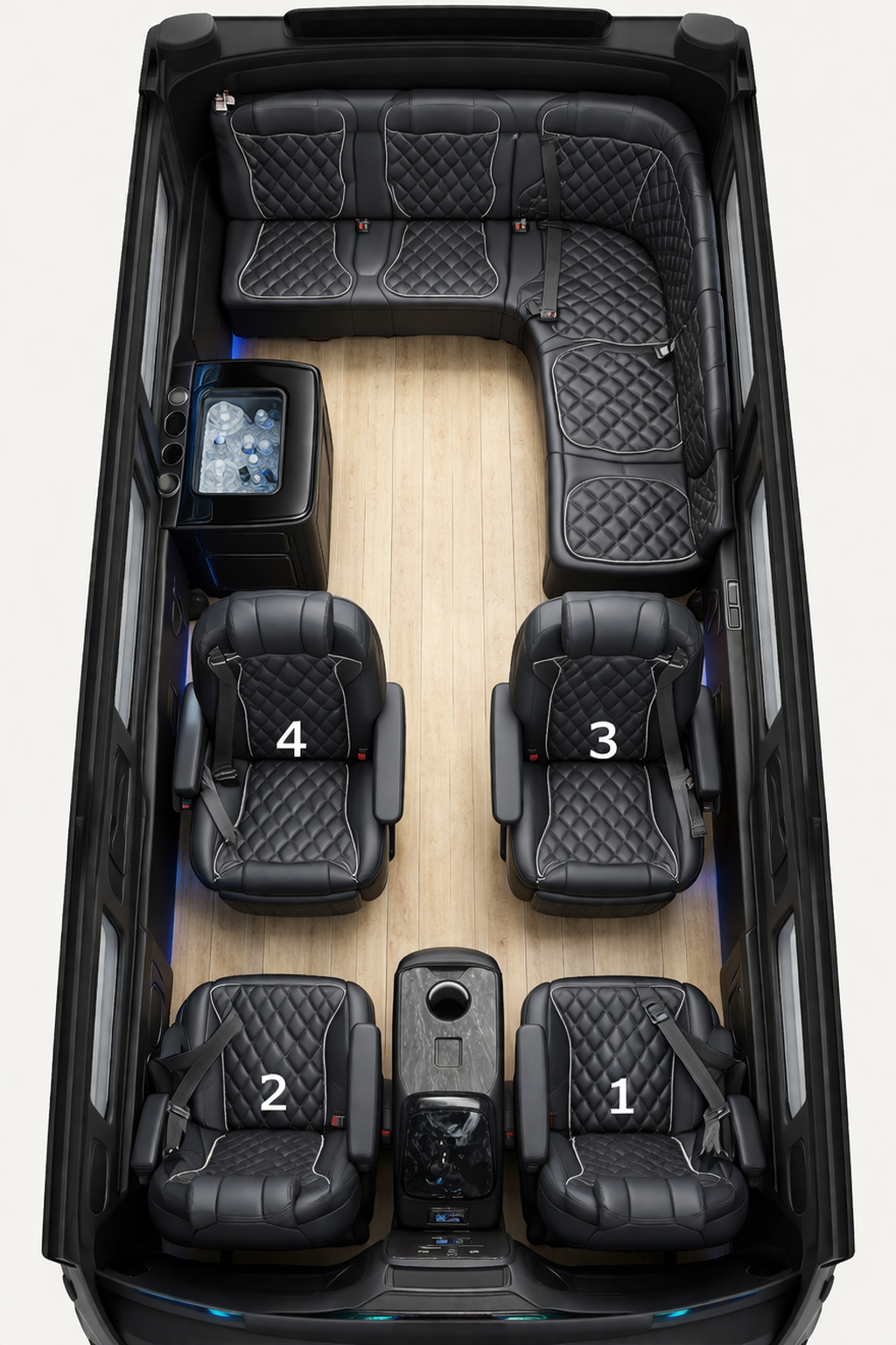 Luxury Sprinter U seating floorplan rendering with four captain chairs and rear lounge