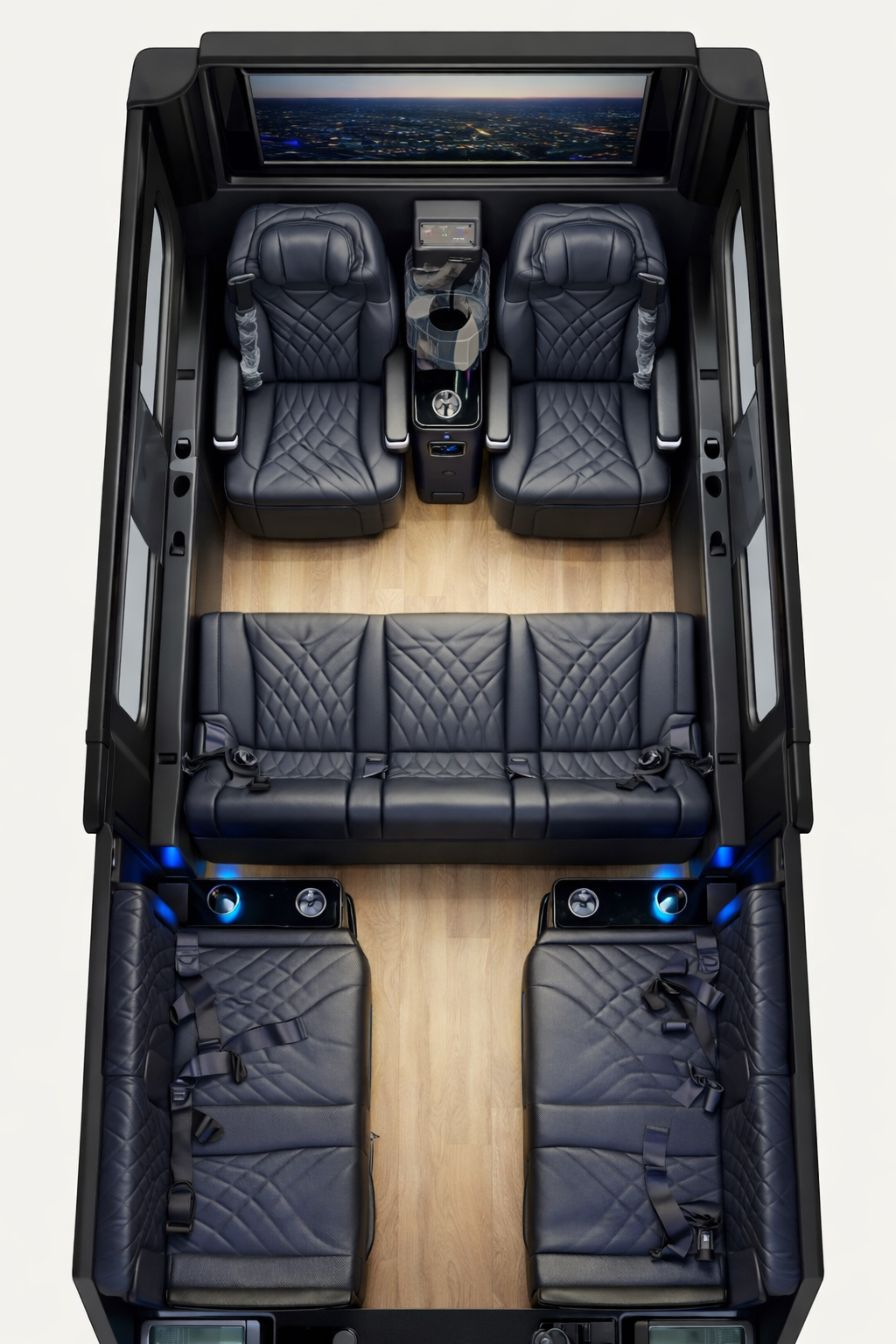 Executive Sprinter floorplan rendering with captain chairs rear bench and opposing lounge seating