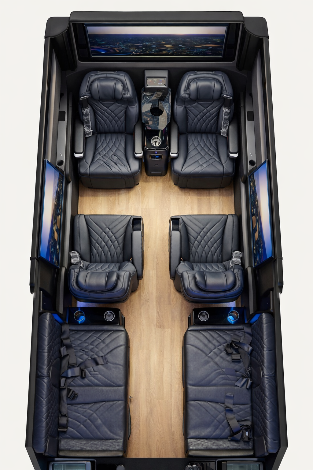 Executive Sprinter floorplan rendering with dual monitors four captain chairs and rear lounge seating