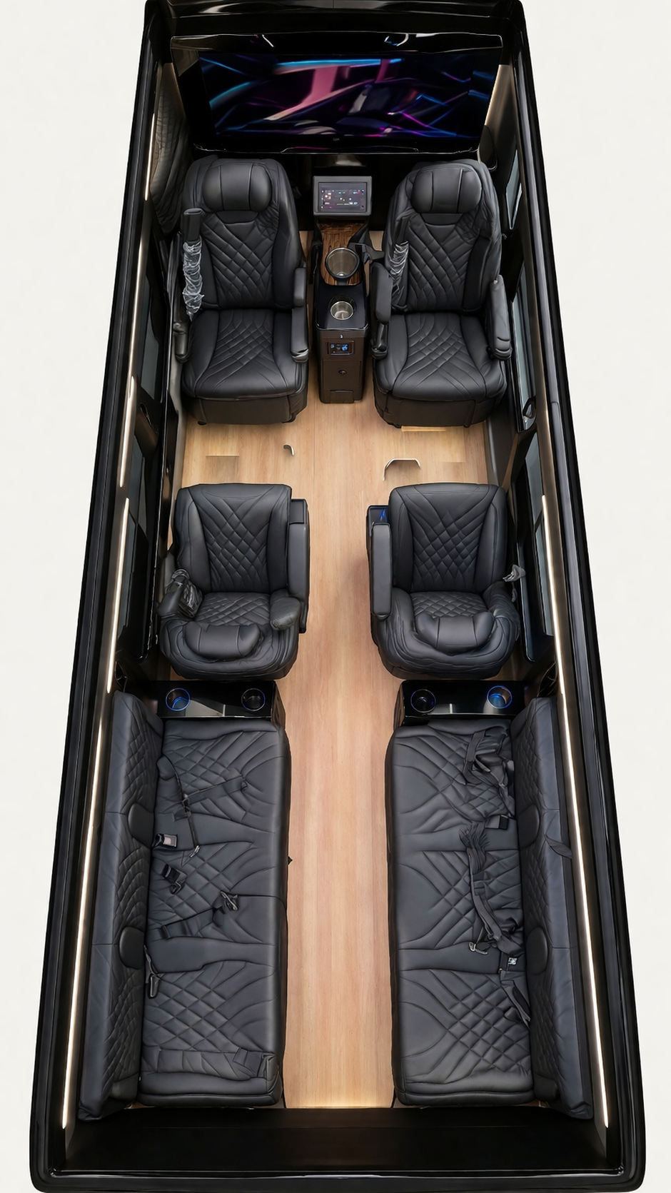 Executive lounge Sprinter floorplan rendering with twin sofas and four captain chairs