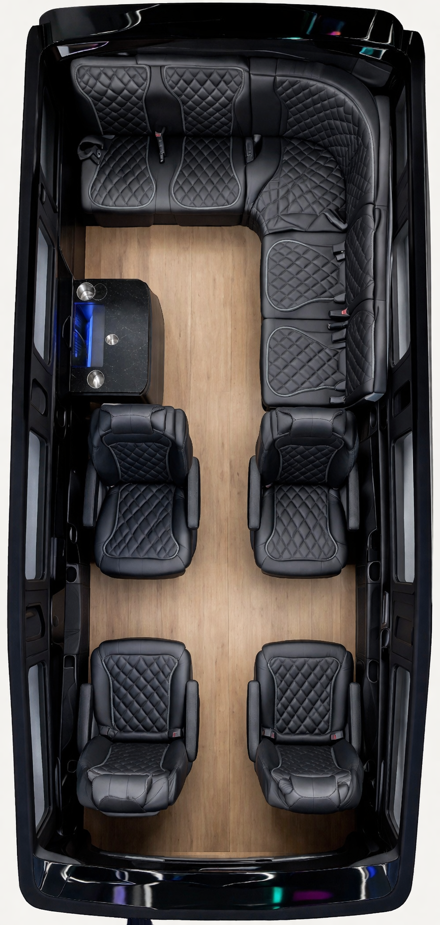 Limo style Sprinter floorplan rendering with rear U seating bar and four captain chairs