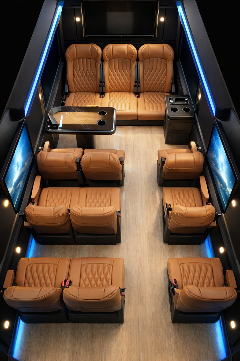 Deluxe shuttle Sprinter floorplan rendering with tan leather seating and center table