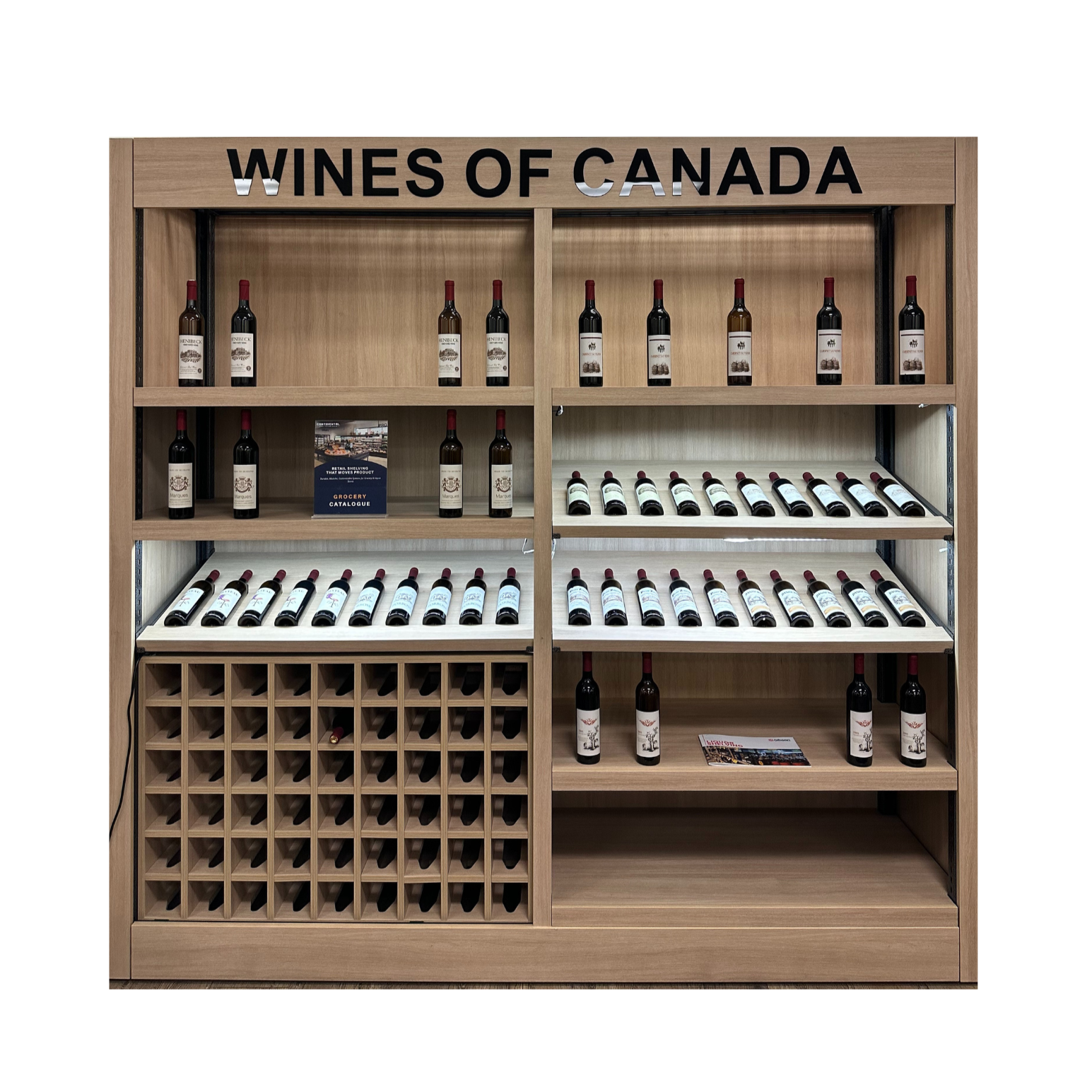 liquor and wine display featuring wooden shelving with integrated bottle cubbies and illuminated tiers showcasing Wines of Canada.