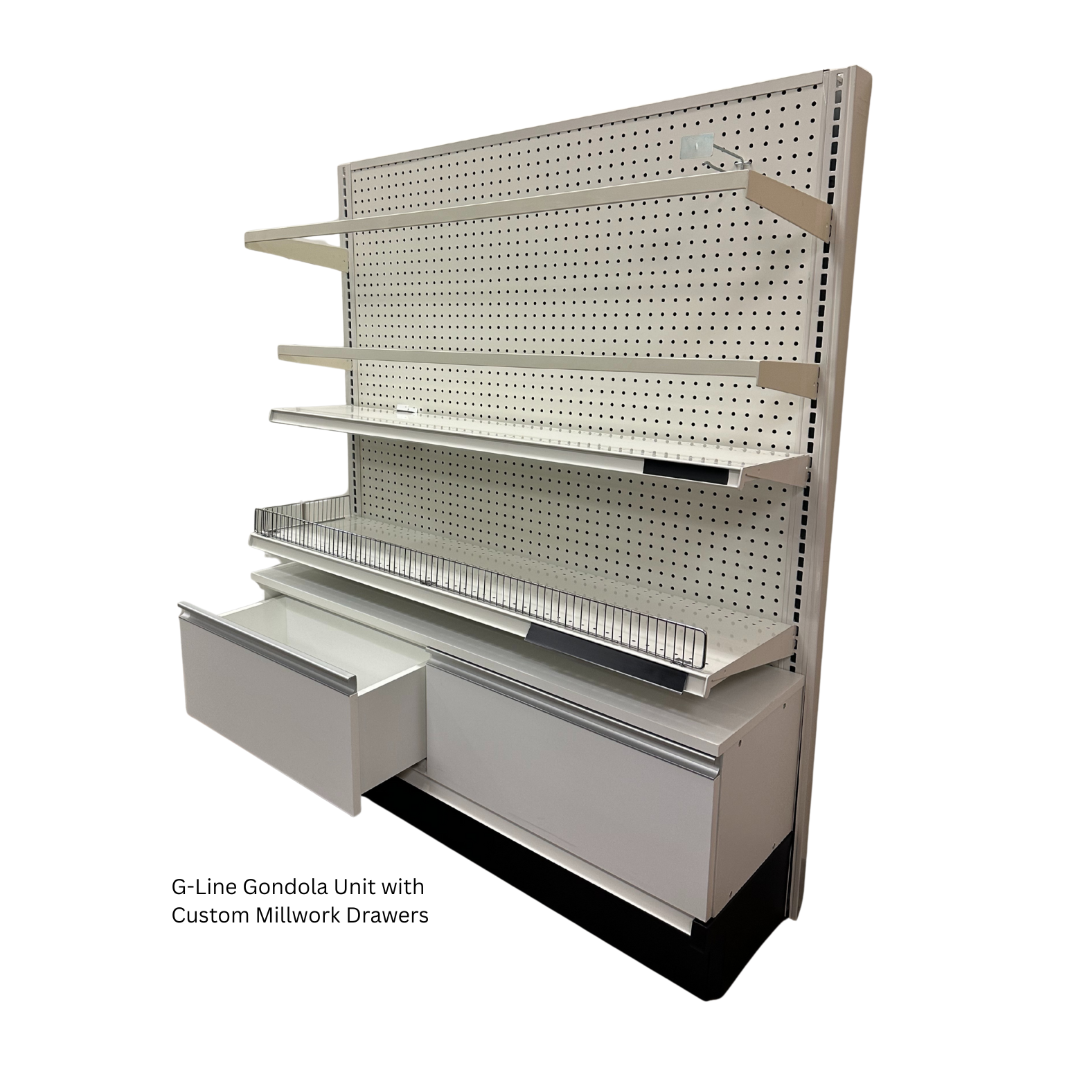 G-Line gondola shelving with white pegboard back panel, adjustable shelves, and integrated millwork drawers for retail storage and display.