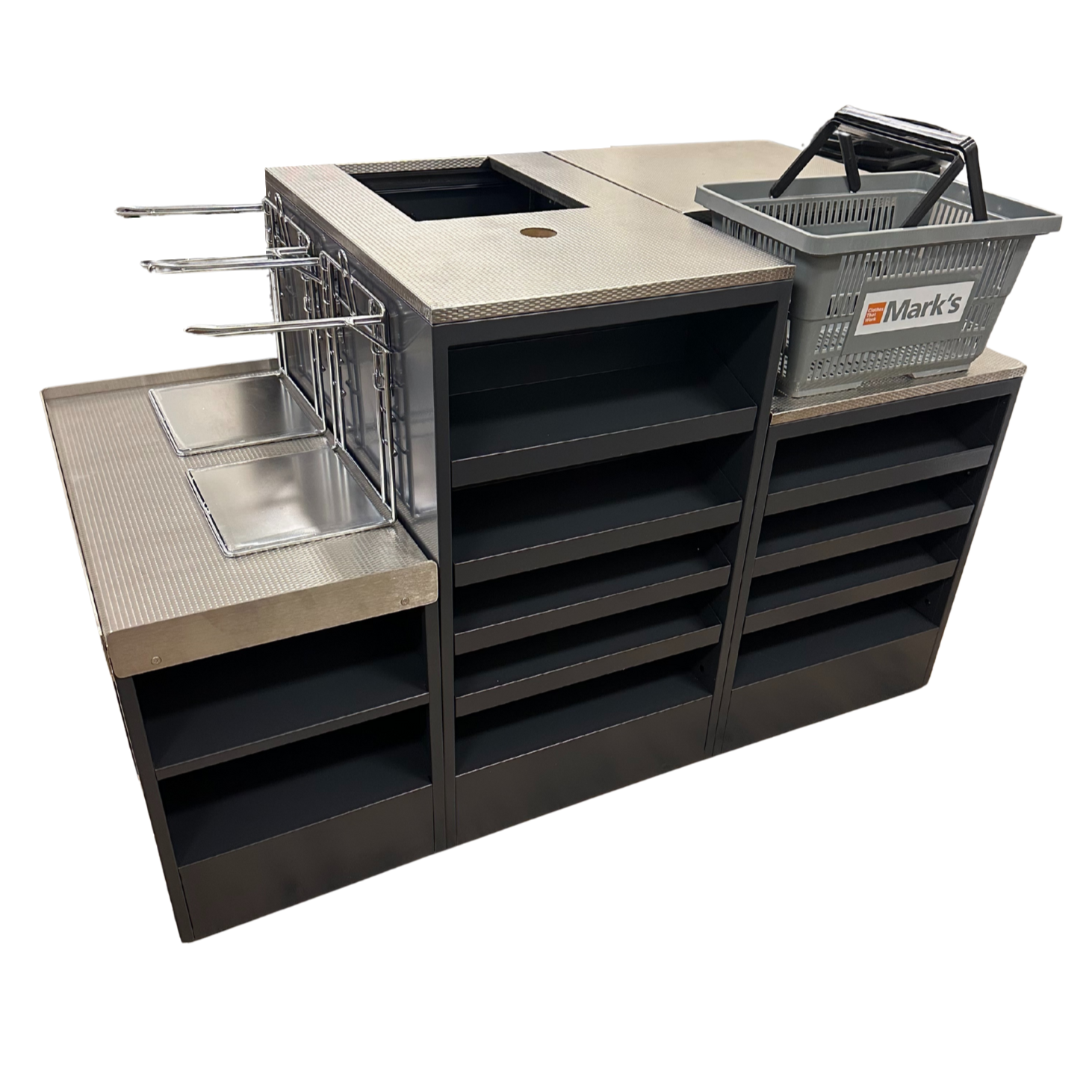 Custom retail checkout counter with black shelving, metal countertop, and integrated basket storage designed for efficient front-end merchandising.