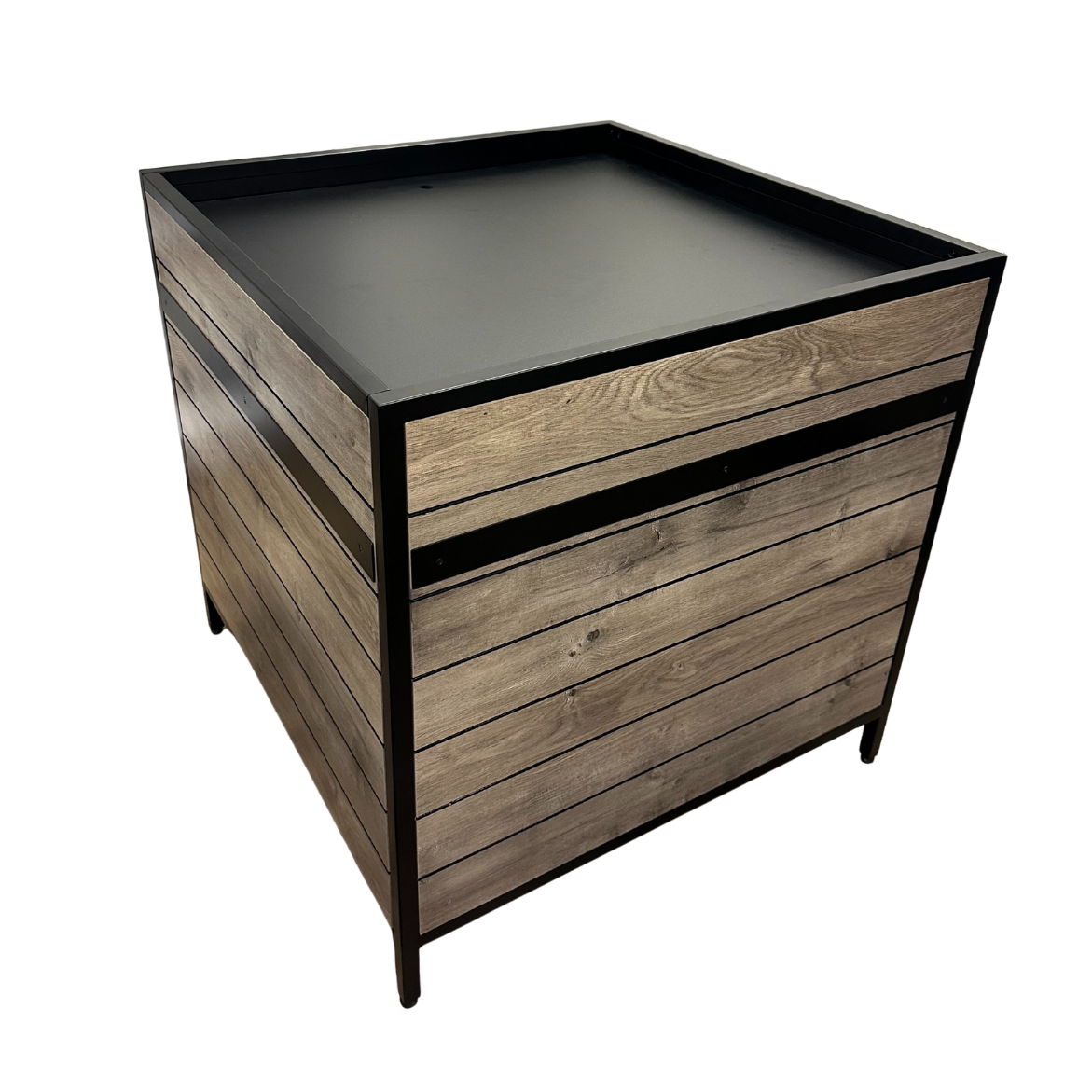 Metal frame produce display bin with wood-grain side panels and flat top surface for grocery or market merchandising.
