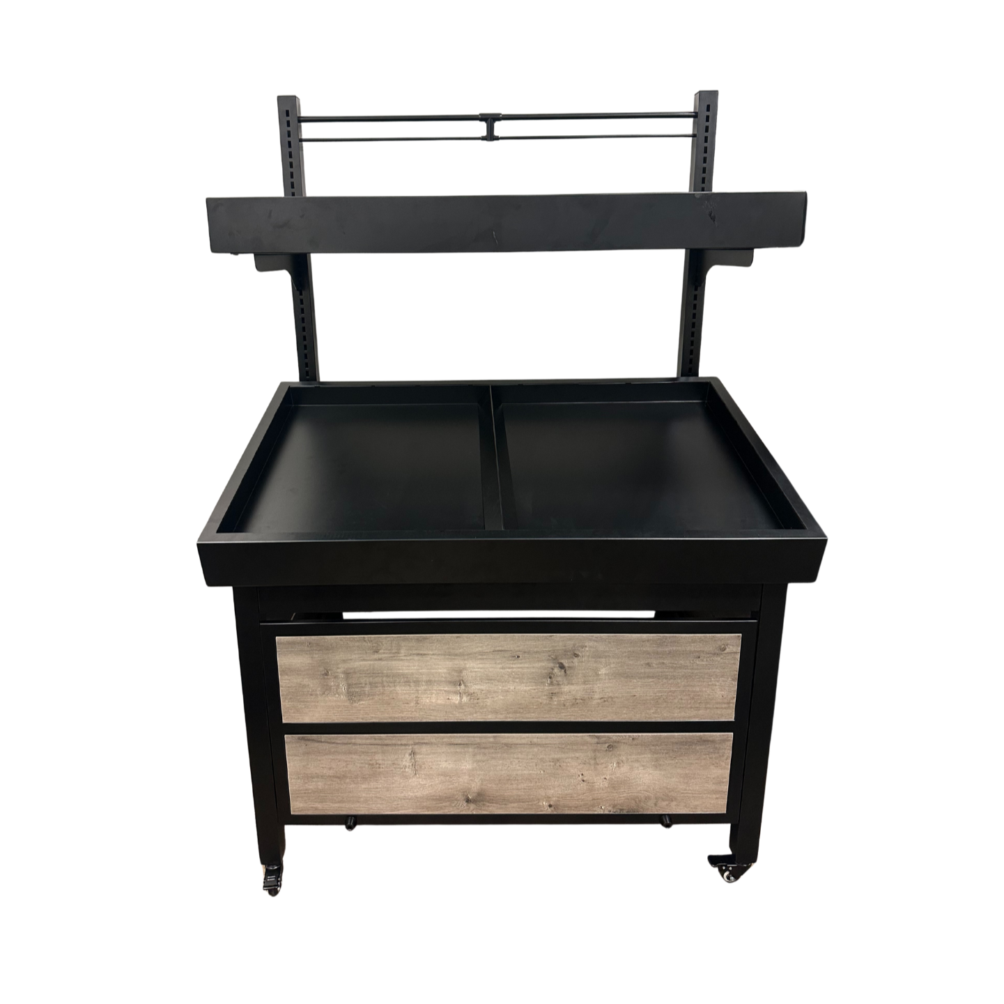Two-tier produce table display with black steel frame, wood-accent panels, and dual display levels filled with fresh fruits and vegetables.