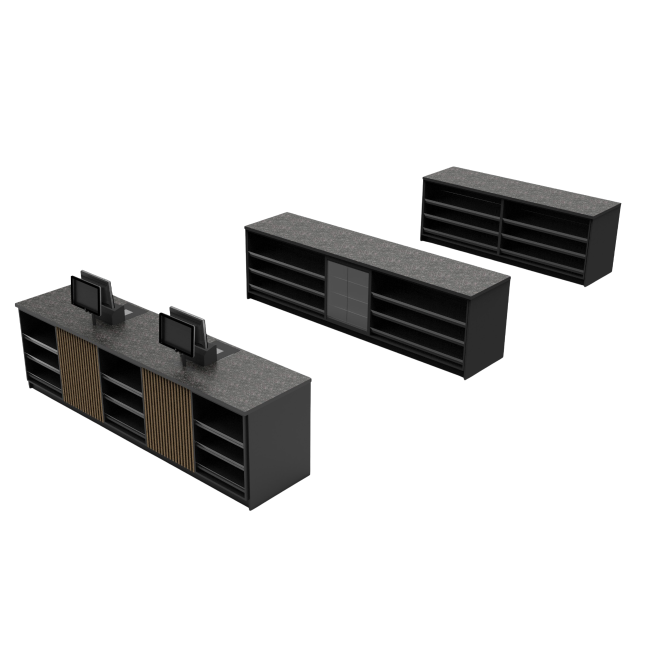 Flexible modular checkout counters designed for grocery, convenience, and specialty retail environments. 
