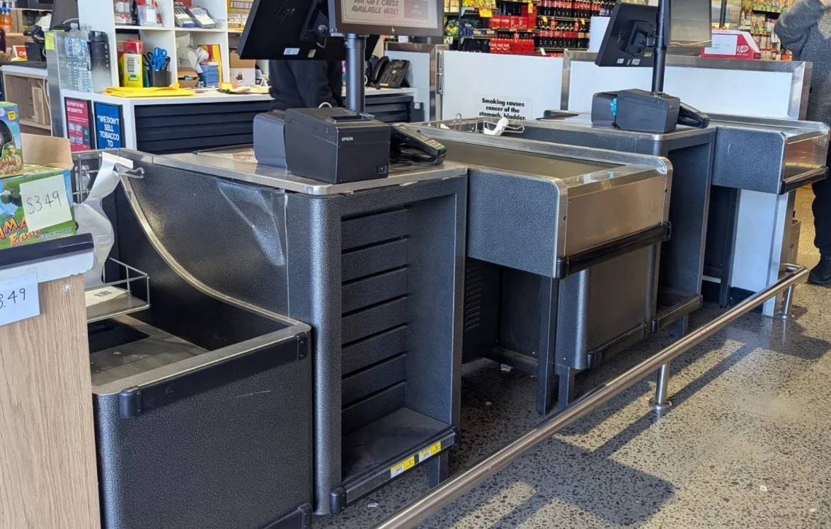 Retail checkout counters for grocery store and other retail environments 