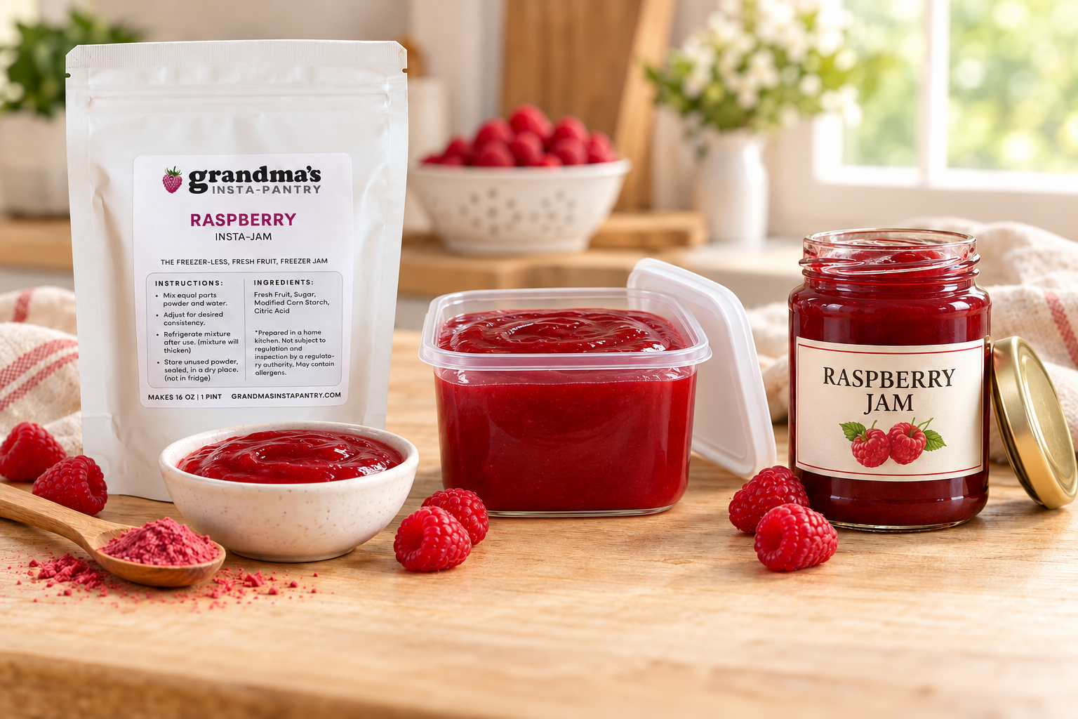 Grandma's Insta-Pantry raspberry freeze-dried jam beside a container of homemade freezer jam and a jar of store-bought raspberry jam