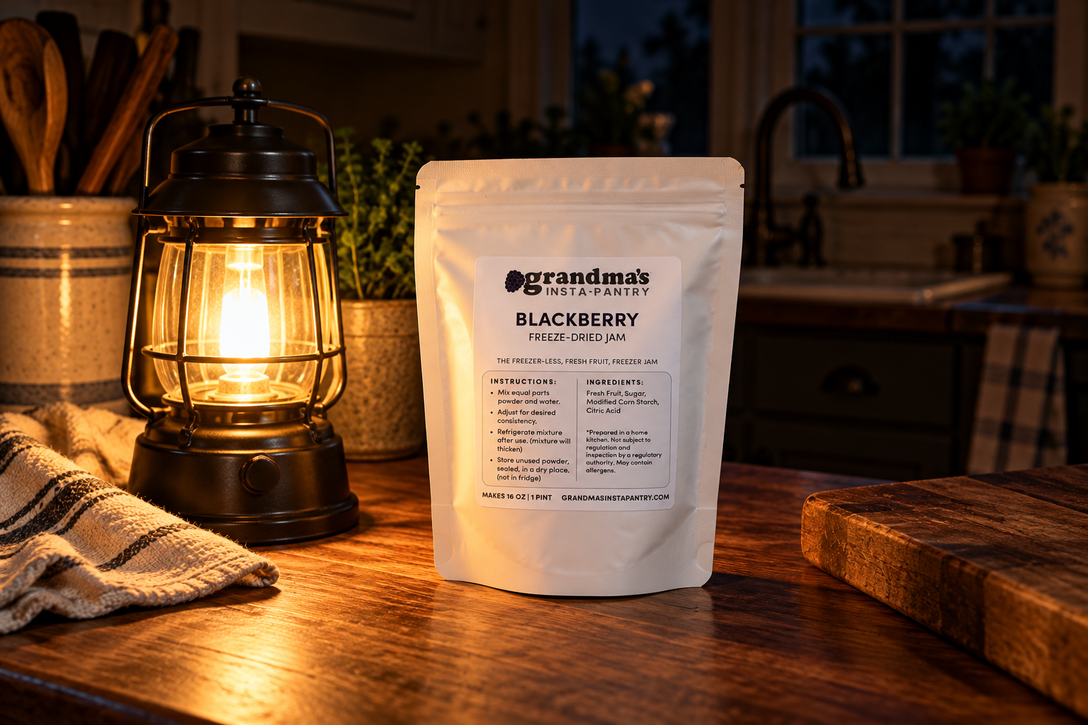 Blackberry freeze-dried jam pouch on a kitchen counter lit by a lantern during a power outage